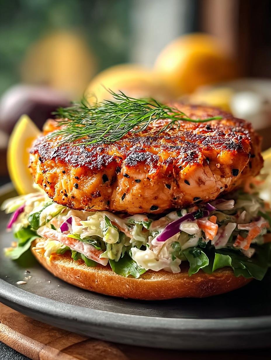 Onweerstaanbare Herzhafte Lachsburger in 3 min - Herzhafte Lachsburger geserveerd met frisse slaw en citroenpartjes