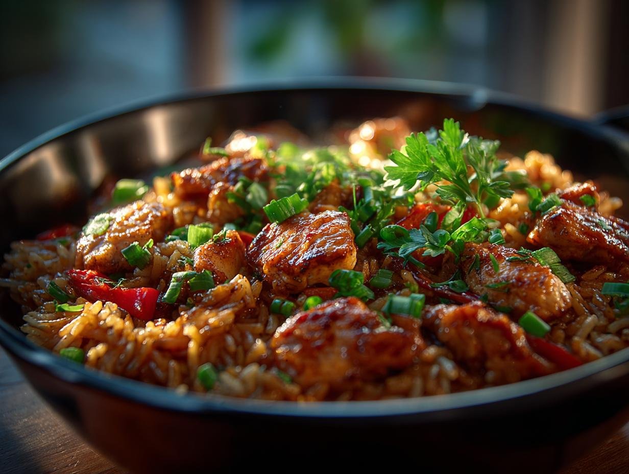 Hoog Eiwit Kip Jambalaya: Succesvol in 10 Stappen - Een heerlijke kom High Protein Chicken Jambalaya met kip, worst, rijst en groenten, klaar om te serveren.