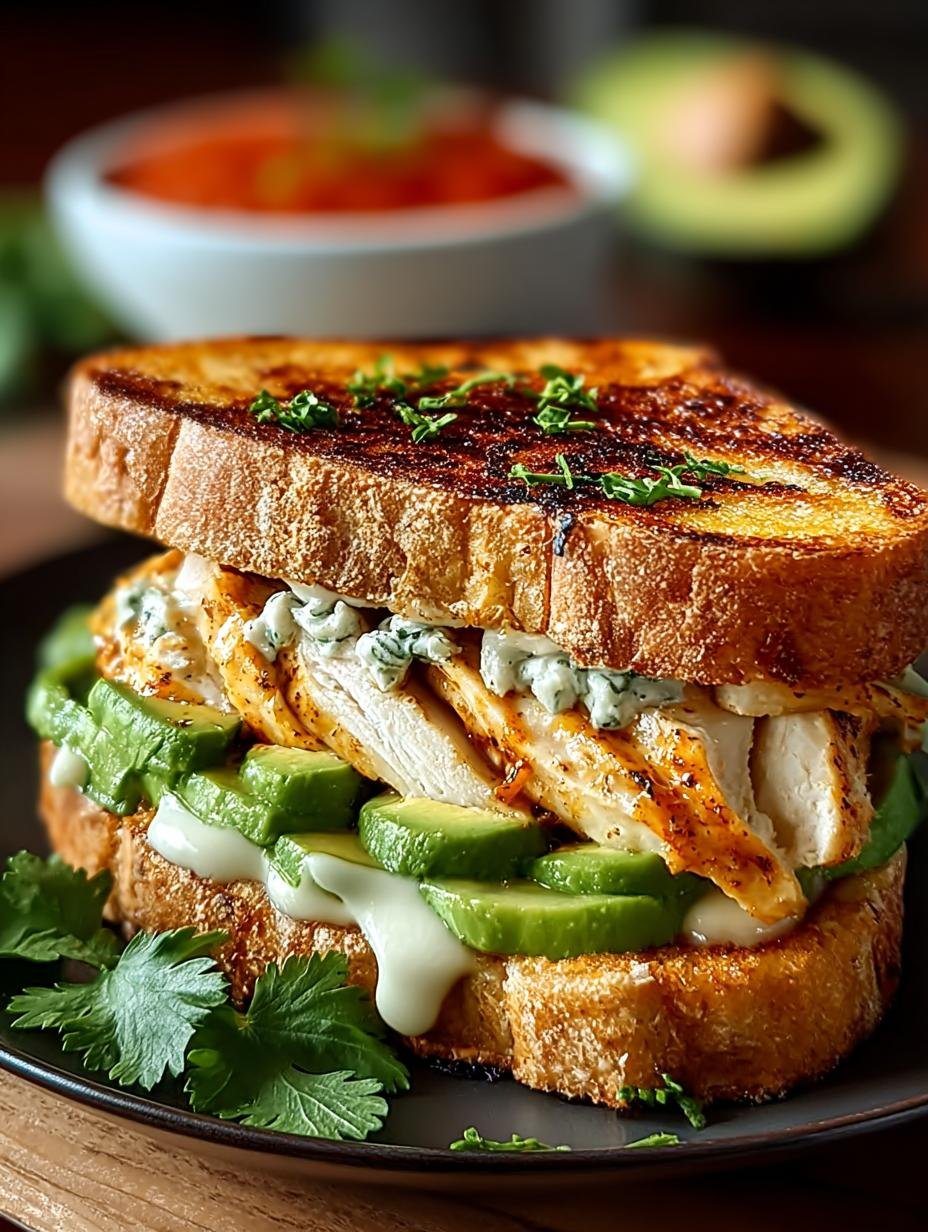 Heerlijk Hühnchen Avocado Schmelz Sandwich, perfect goudbruin geroosterd met gesmolten kaas en verse avocado, klaar om te serveren.
