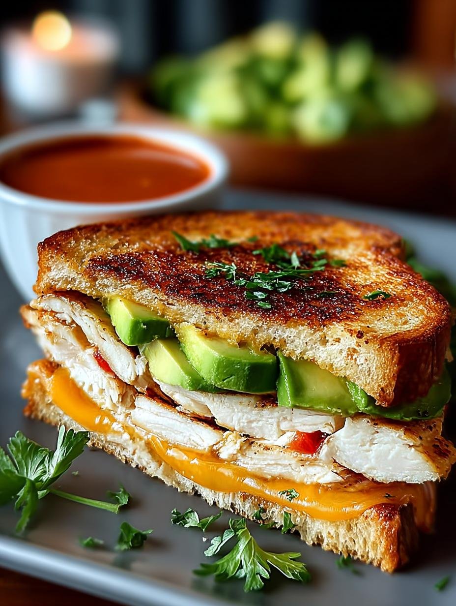 Close-up van een Hühnchen Avocado Schmelz Sandwich, diagonaal gesneden, met zichtbare lagen van sappige kip, romige avocado en gesmolten cheddar kaas.