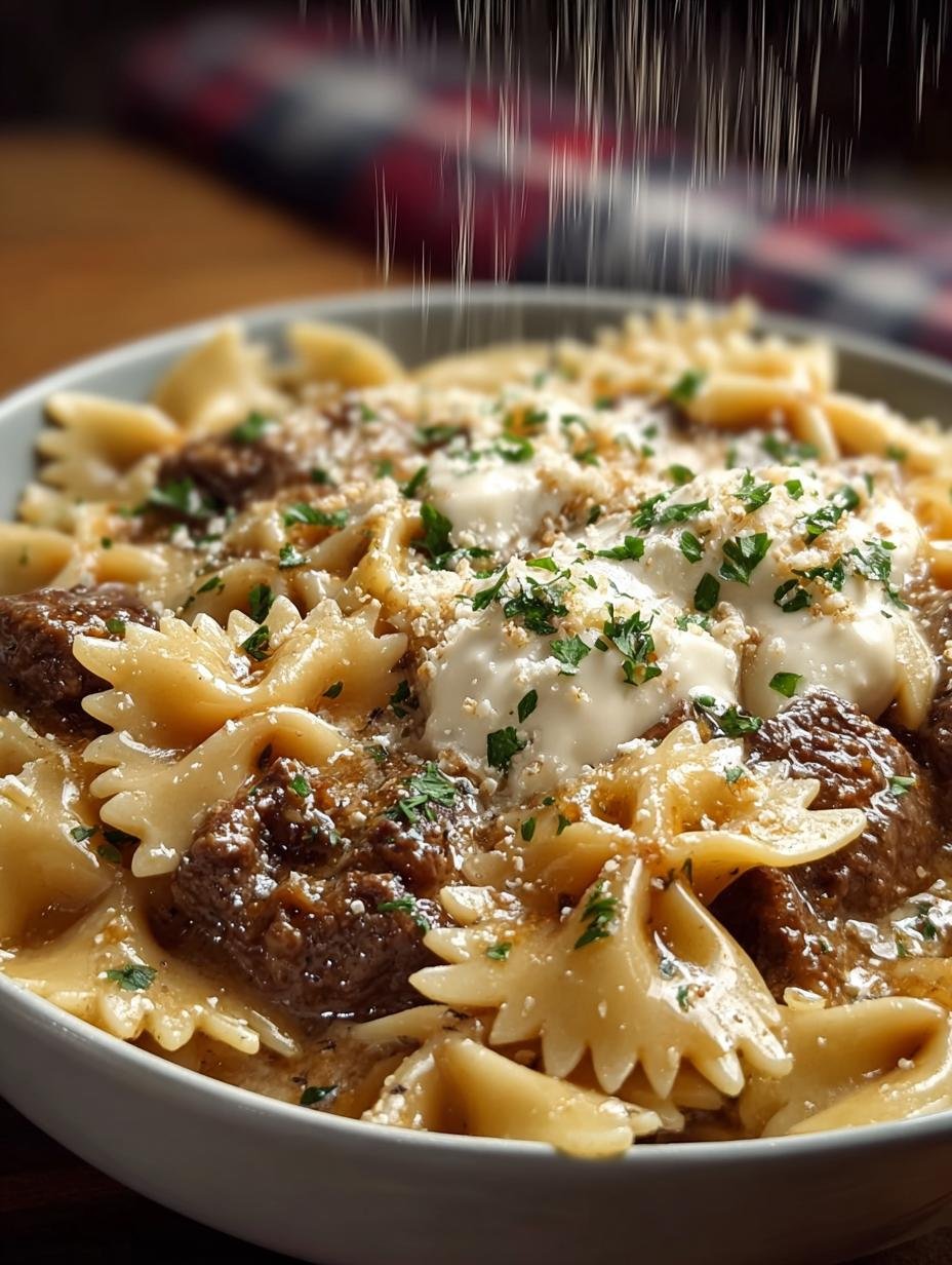 Heerlijke Knoblauchbutter Rindfleisch Kaesefliederteig Pasta in een kom, klaar om te serveren, met verse peterselie garnering