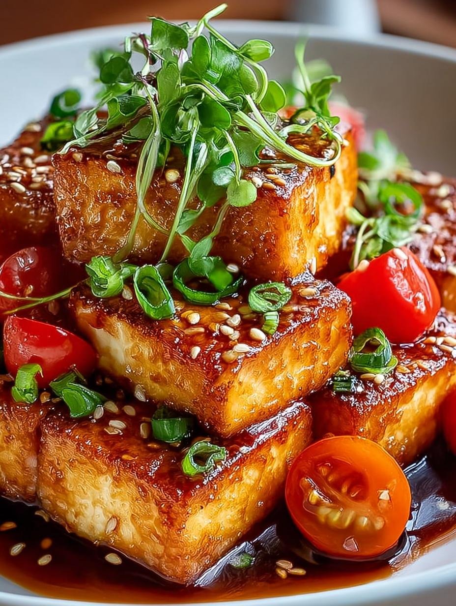 Heerlijke Knuspriger Marinierten Tofu in een kom met verse kruiden, klaar om te serveren
