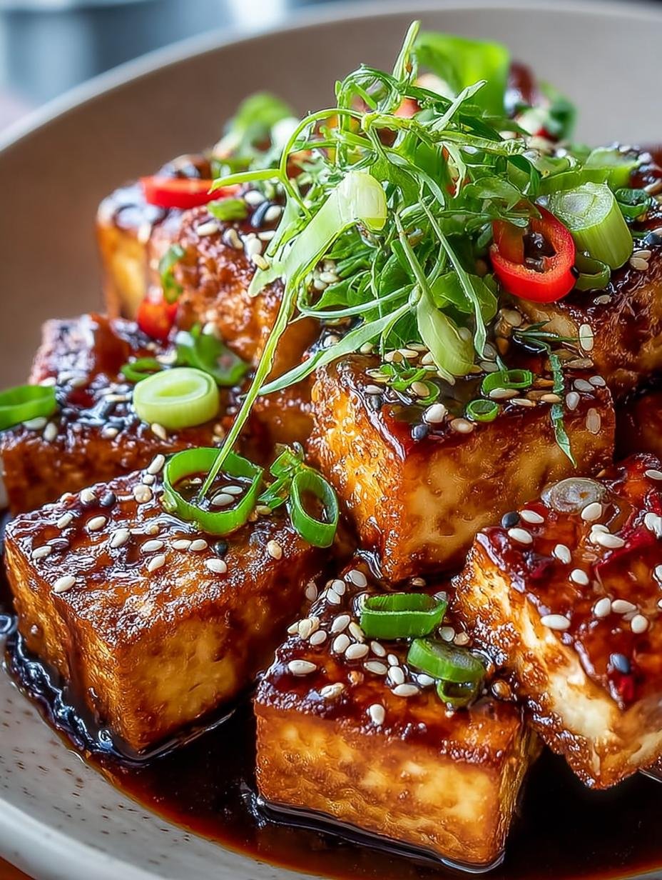 Close-up van perfect gebakken Knuspriger Marinierten Tofu met een goudbruine, knapperige korst