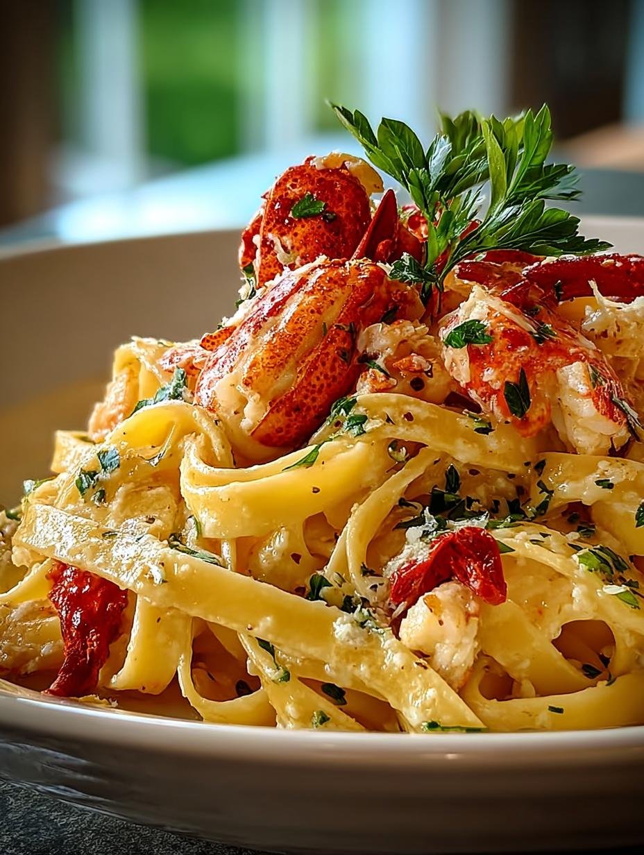 Close-up van romige Krebsfettucine met rivierkreeftjes en kruiden, klaar om te eten