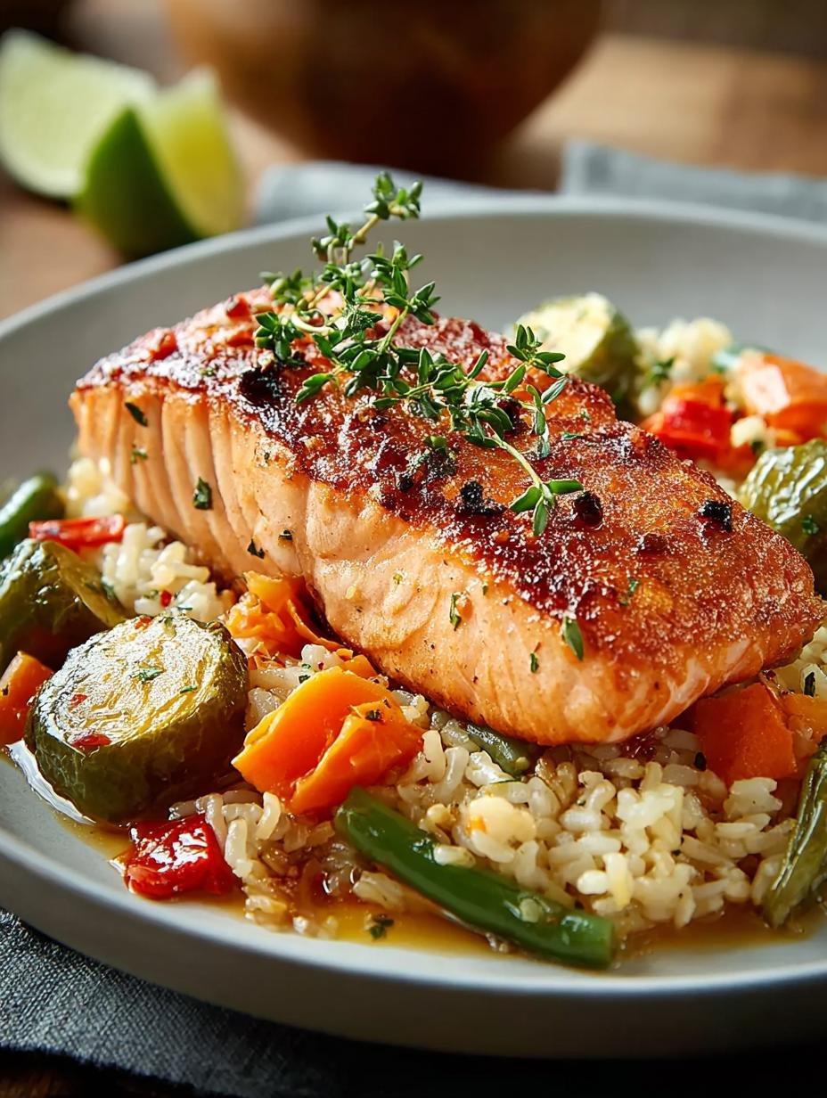 Close-up van een portie Lachs Reis Pfanne met zalm, rijst en groenten, gegarneerd met verse peterselie