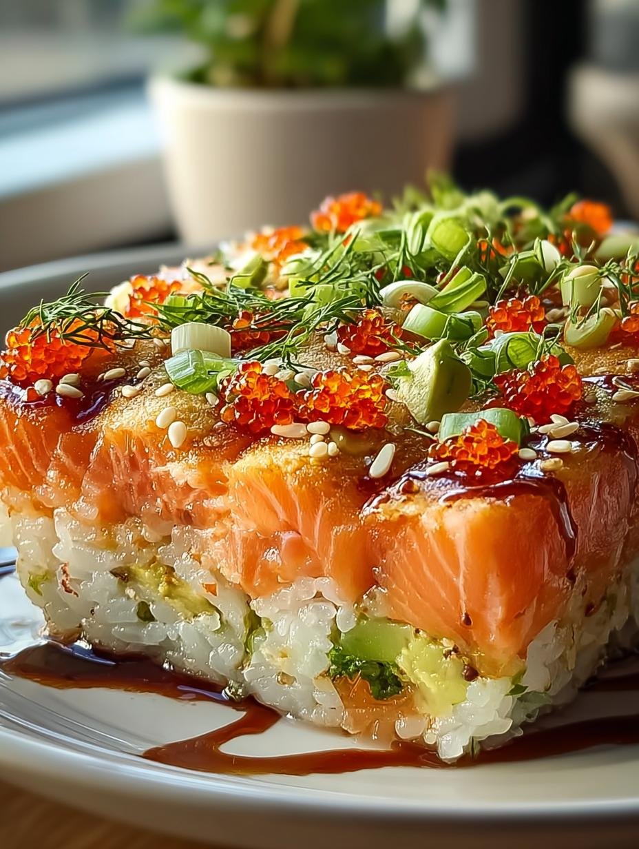 Close-up van een portie Lachs Sushi Auflauf met verse kruiden en sesamzaadjes