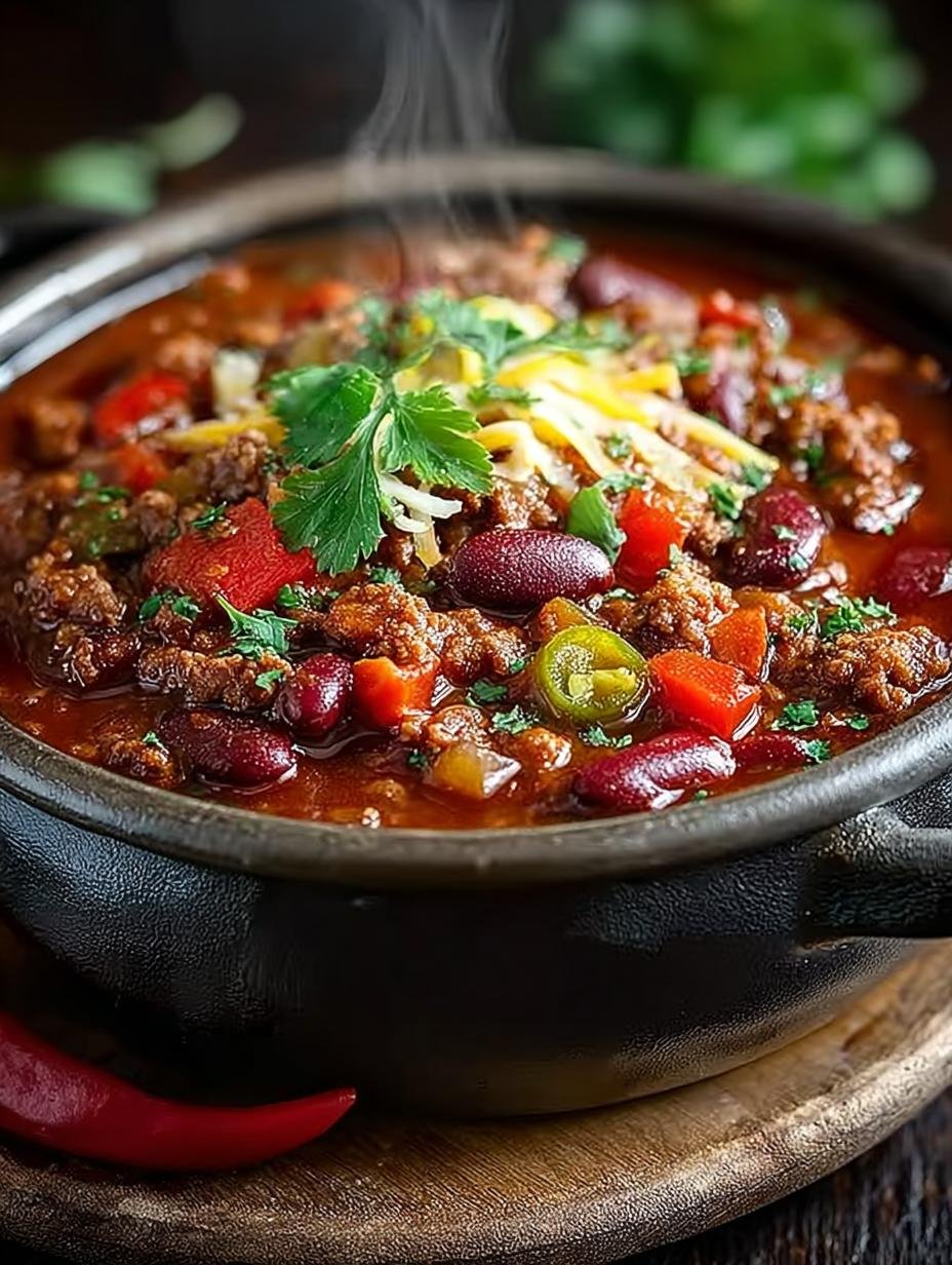 Verrukkelijke Langsame Kochmaschine Charcuterie Chili in 3 uur - Een close-up van een rijke, stomende Langsame Kochmaschine Charcuterie Chili in een kom, gegarneerd met verse koriander en zure room, klaar om te serveren.