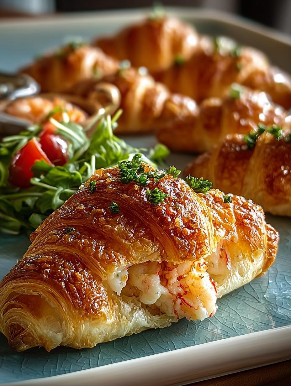 Feest! 12 Onweerstaanbare Leckere Party Krebs Croissant - heerlijke gouden krabcroissantjes op een schaal, klaar om te serveren