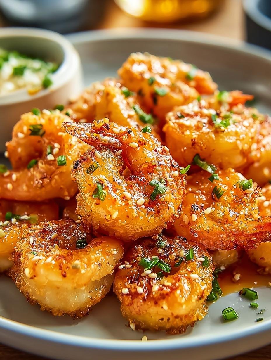 Heerlijke Luftfritteuse Bang Bang Garnelen, perfect goudbruin en knapperig, geserveerd met romige saus