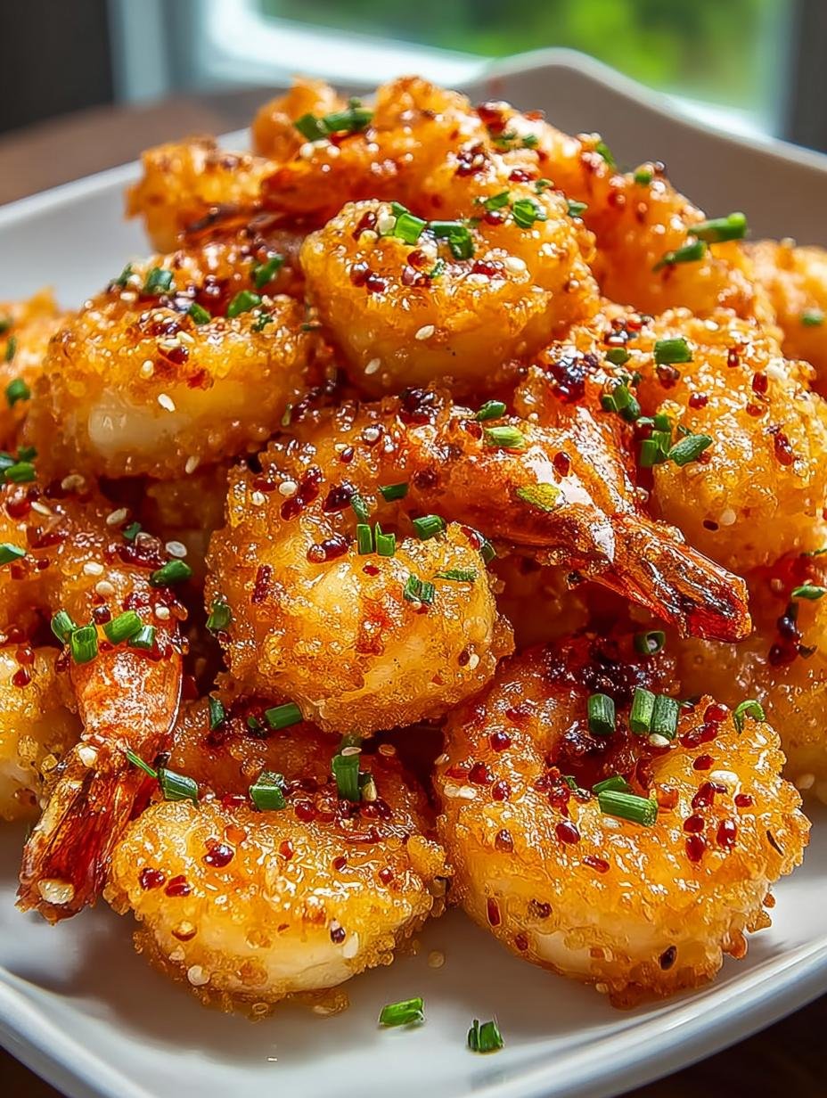 Close-up van perfect gebakken Luftfritteuse Bang Bang Garnelen, bedekt met romige Bang Bang saus en verse kruiden