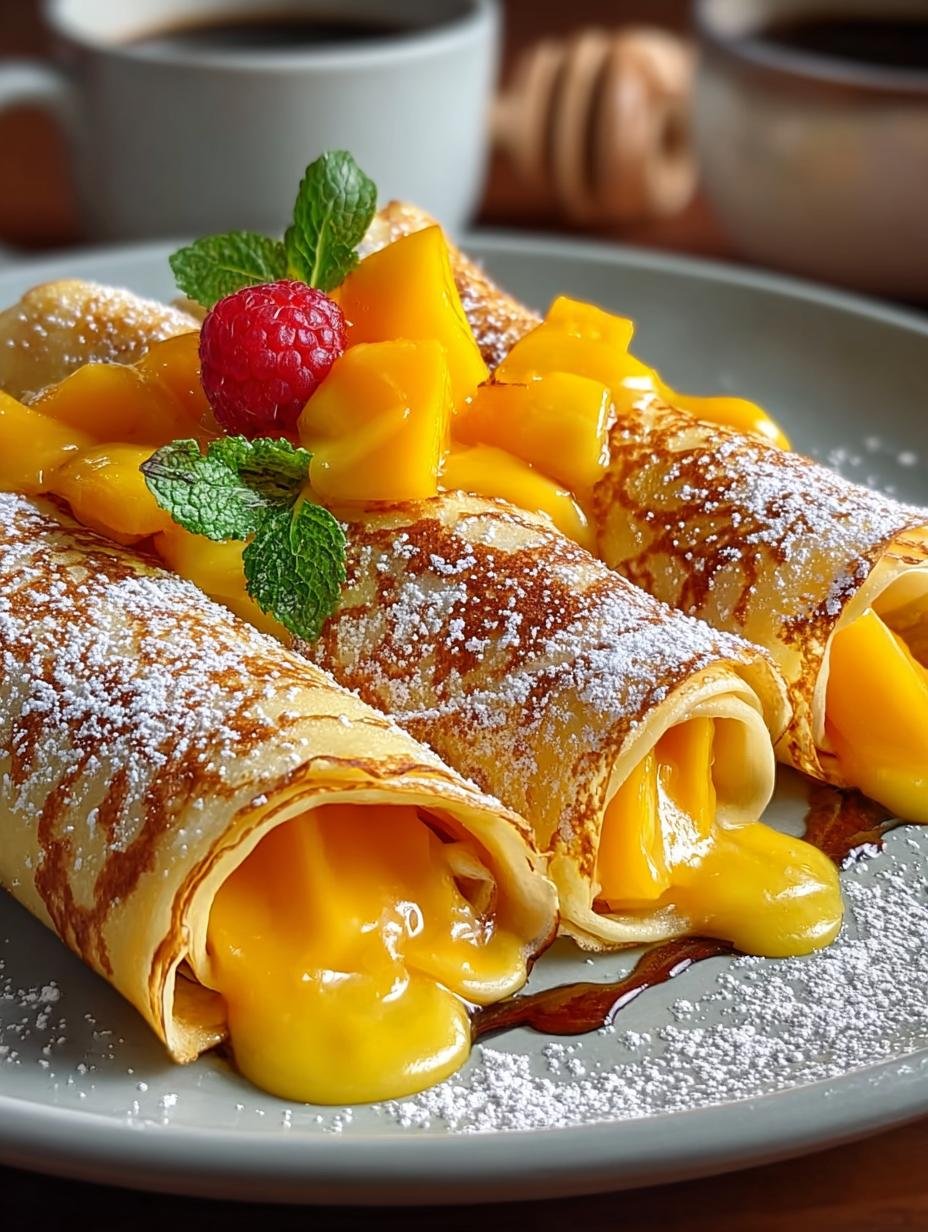 Heerlijke Mango Crepe Rollen met verse mango en poedersuiker, klaar om te serveren