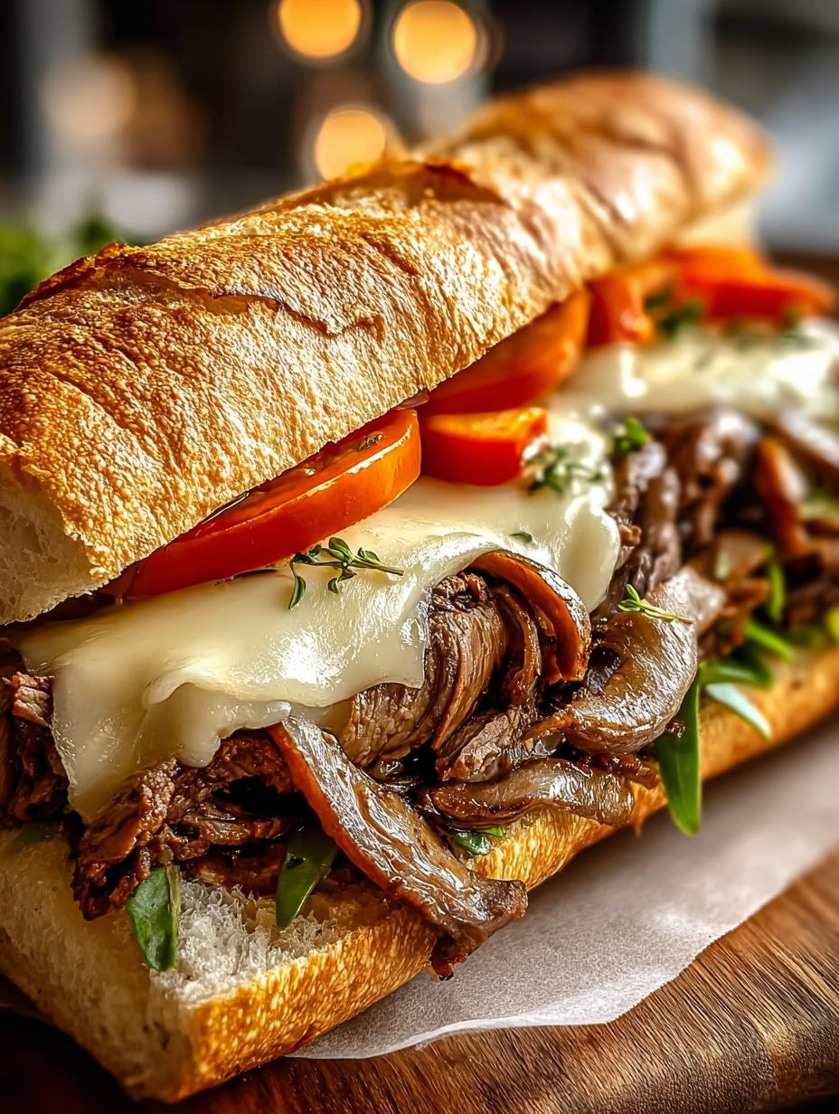 Heerlijk Mundwaterendes Philly Cheese Steak met gesmolten kaas en groenten op een knapperig broodje