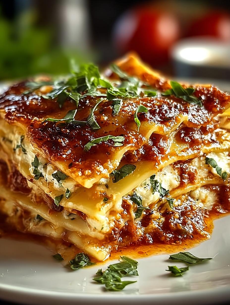Close-up van een portie Ravioli Lasagne met gesmolten kaas en verse basilicum