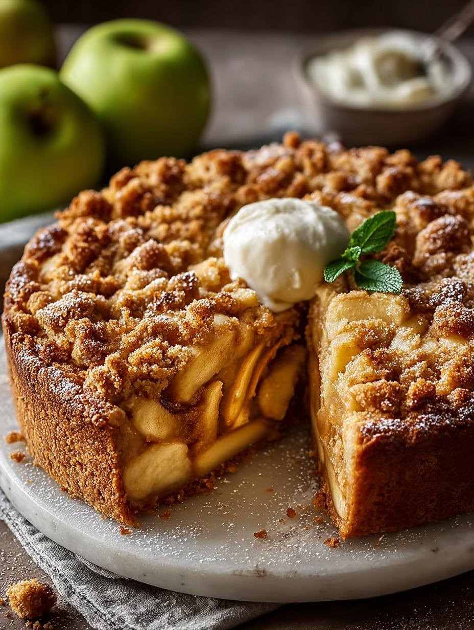 Close-up van een plak Saftiger Apfel Streuselkuchen met perfect goudbruine kruimels en zachte appelvulling