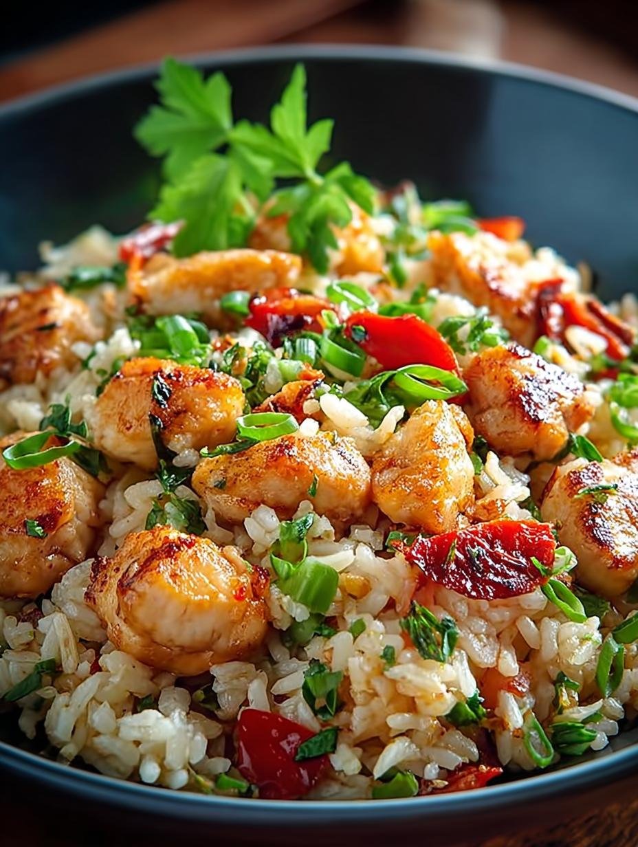 Heerlijke Snelle Hahnchen Reispfanne Ein met malse kip, rijst en verse groenten, klaar om te serveren