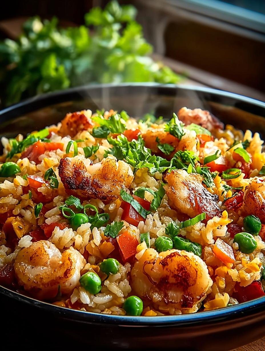 Close-up van de Snelle Hahnchen Reispfanne Ein met perfect gegaarde rijst, malse kip en kleurrijke groenten