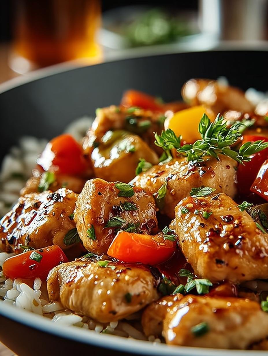 Snelle Reispfanne Met Kip, geserveerd in een kom met verse peterselie, klaar om te eten