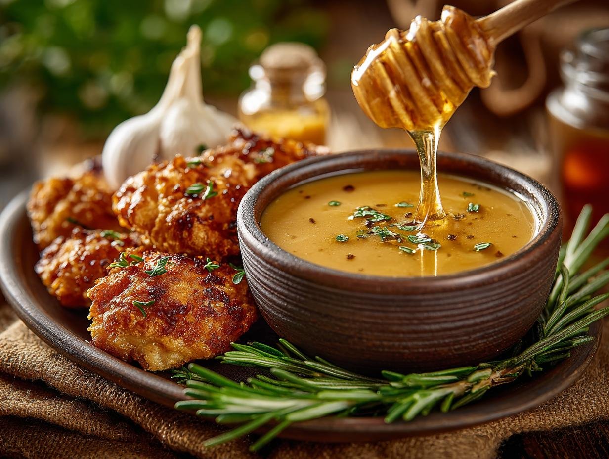 Zuidelijke Honing Mosterd Saus geserveerd met knapperige kipnuggets