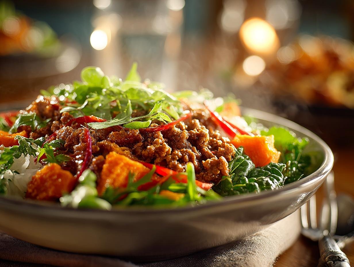 Heerlijke Sweet Potato Ground Beef bowl met verse toppings en romige saus