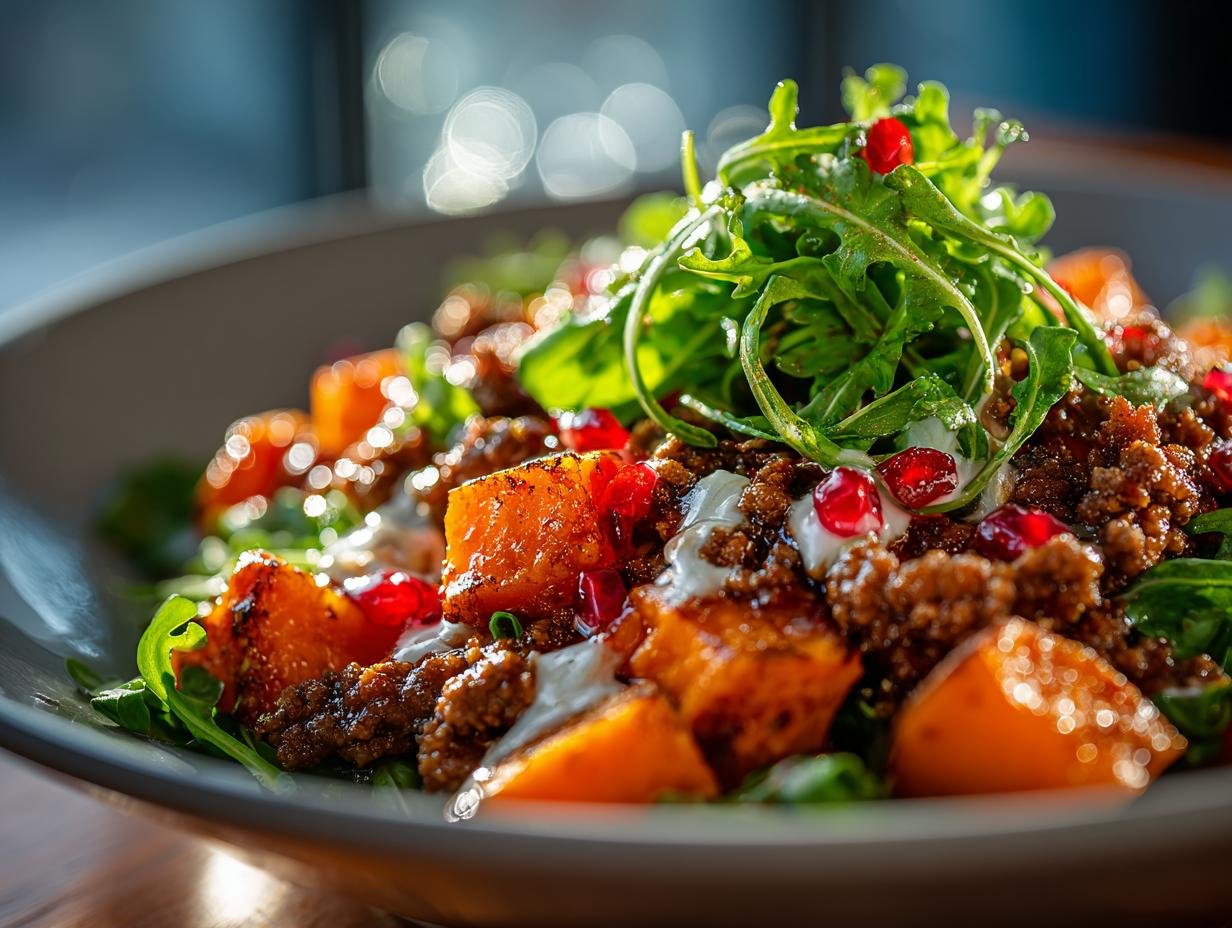 Close-up van een Sweet Potato Ground Beef bowl met verse avocado en kruiden
