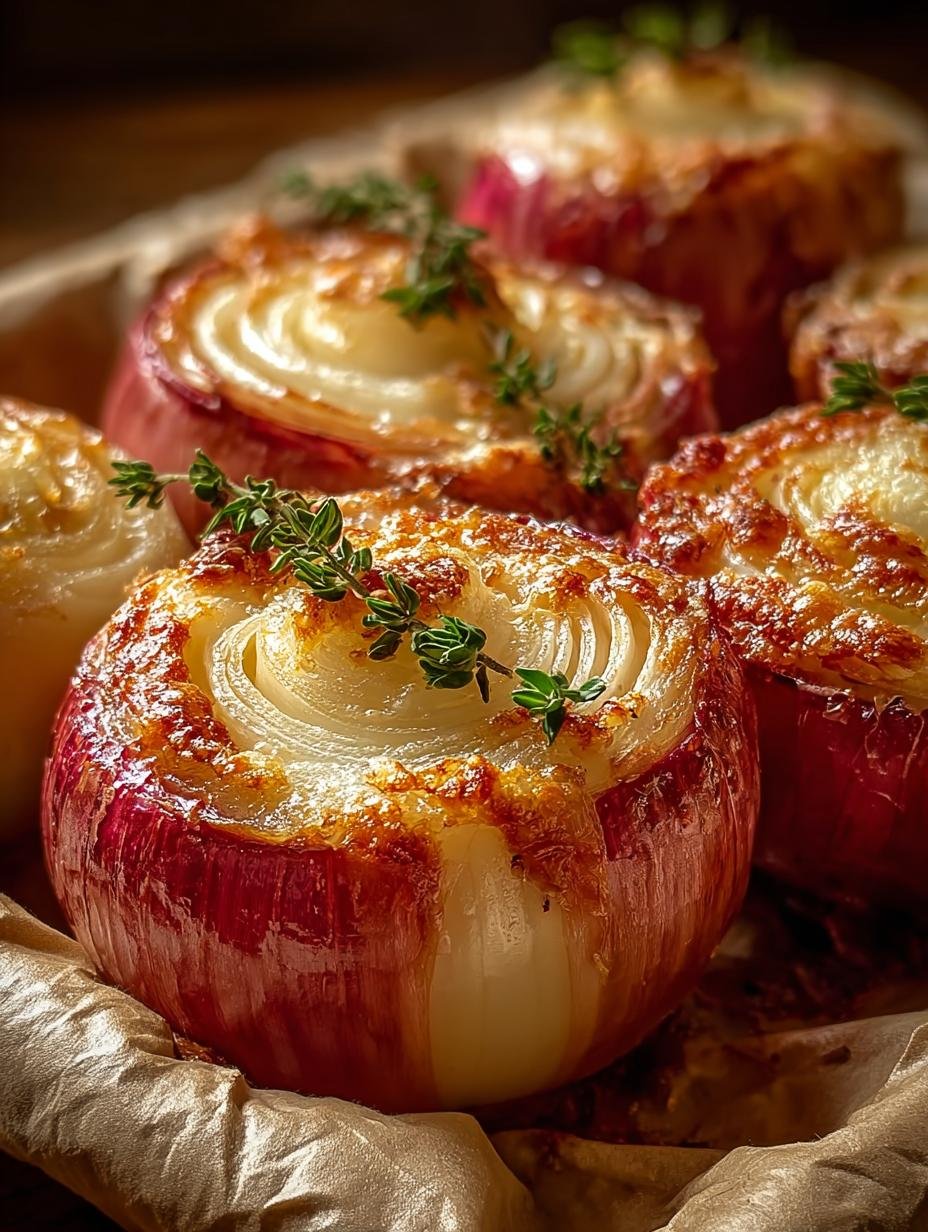 Close-up van perfect gebakken Tennessee Zwiebeln met gesmolten kaas en kruiden