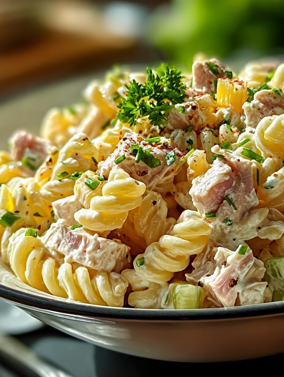 Close-up van romige Thunfisch Makkaroni Salat met verse kruiden en groenten