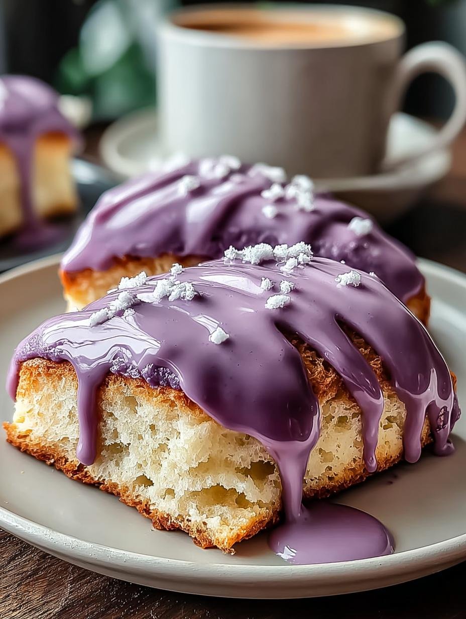 Ube Scones Mit Ube: 8 hemelse hapjes van paarse yam - Ube Scones Mit Ube - close-up van glazuur