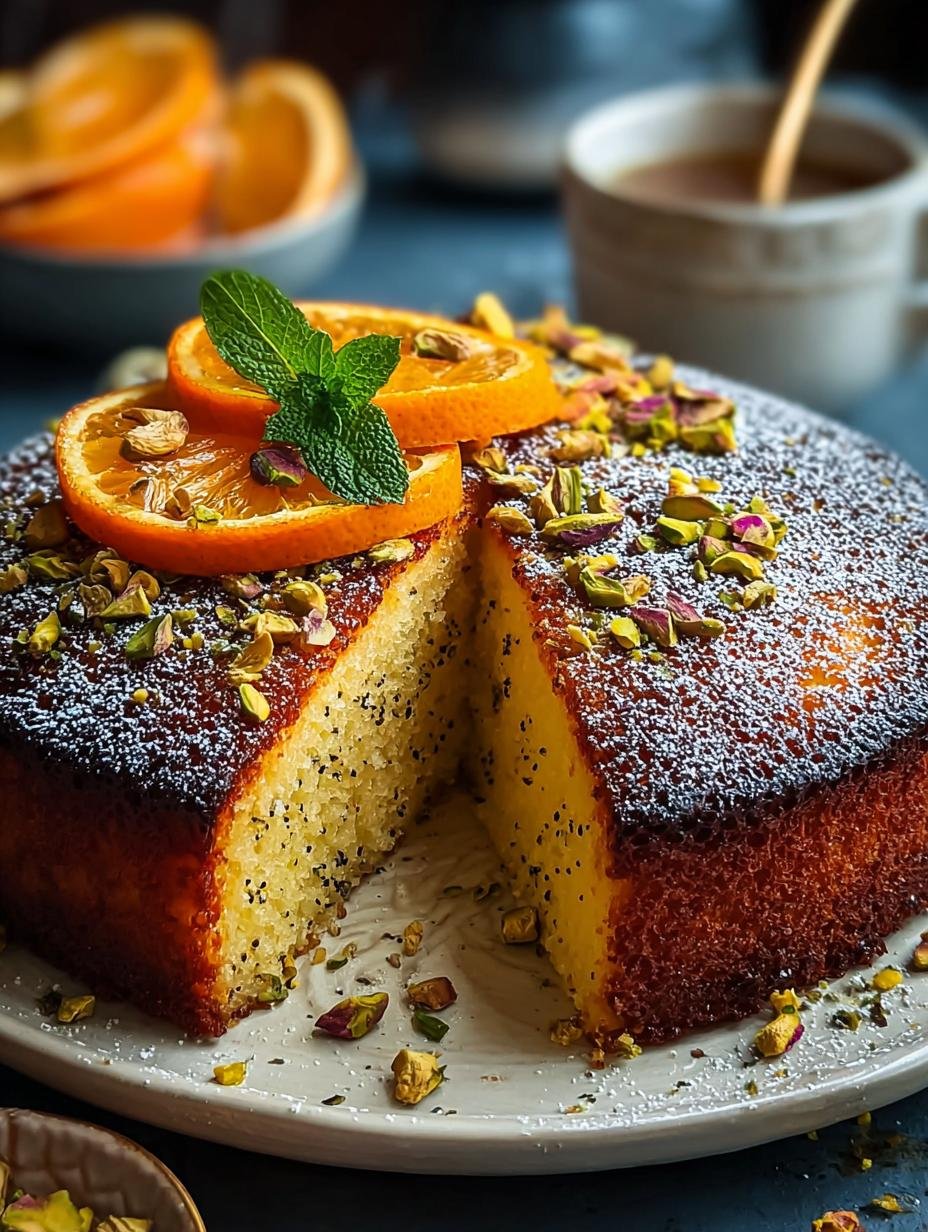 Unwiderstehlicher Persischer Orangenkuchen Met 2 Geheimen - Close-up van een plak Perzische Oranjekoek met glazuur en garnering, perfect gesneden
