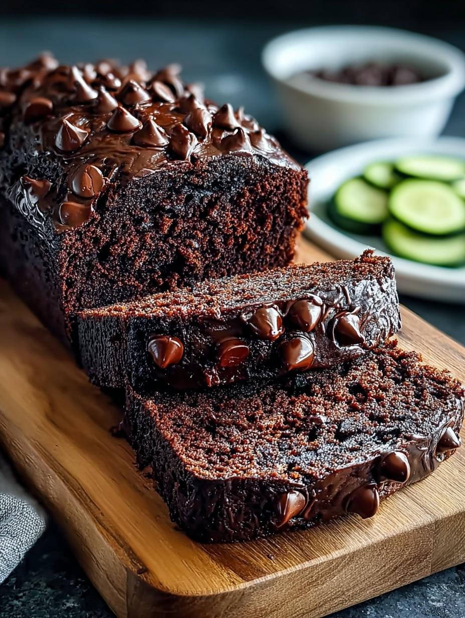 Heerlijk Unwiderstehliches Doppelschokoladiges Zucchinibrot, vers gebakken en gesneden, met chocoladestukjes zichtbaar