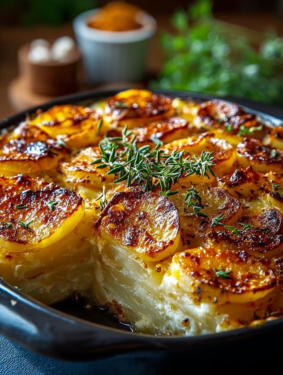 Vegetarischer Kartoffelauflauf Fur Jeden: 1 Heerlijk feest - Een close-up van de romige textuur en goudbruine korst van de vegetarische aardappelgratin, met verse kruiden.