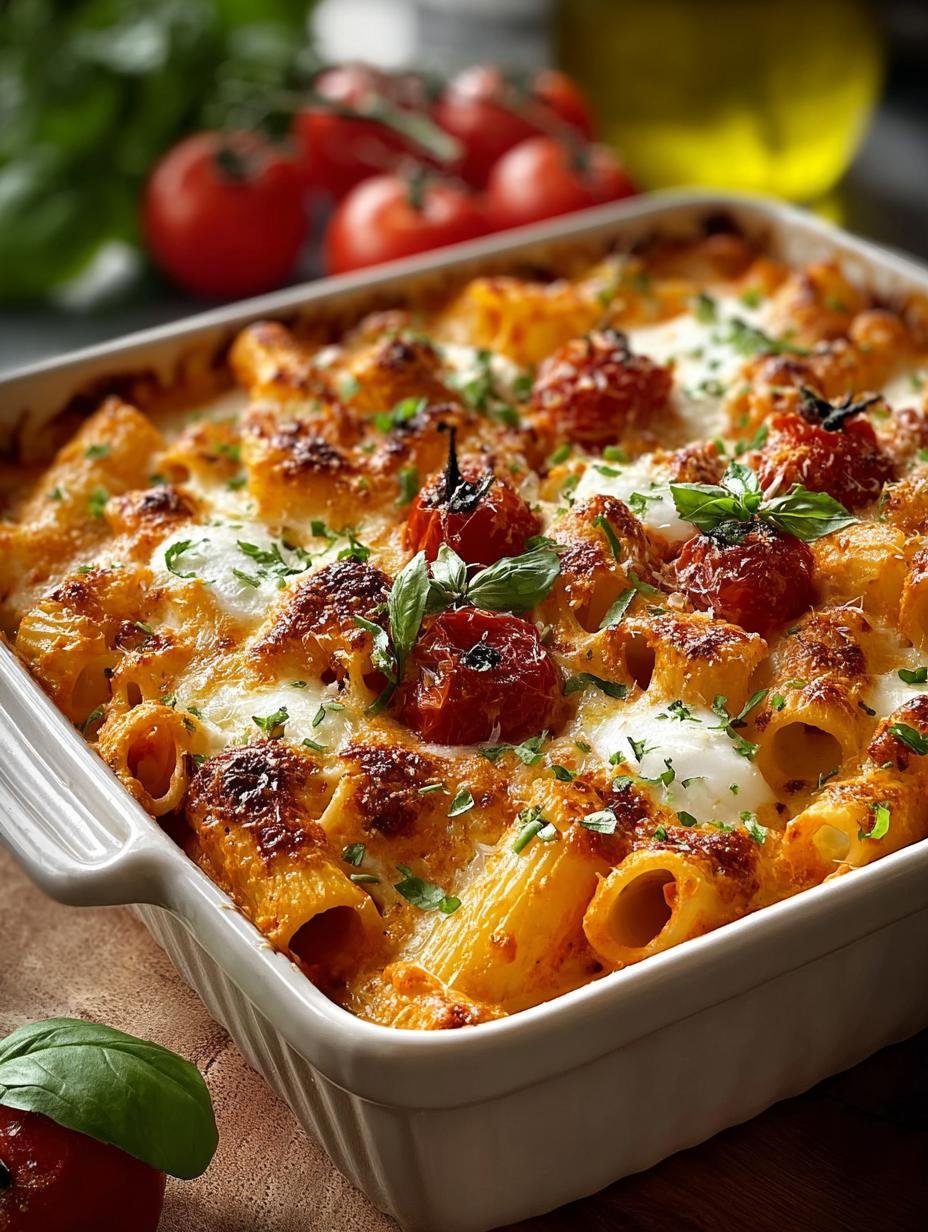 Heerlijke Wurzige Vodka Nudelauflauf Mit met romige burrata en verse basilicum, klaar om te serveren